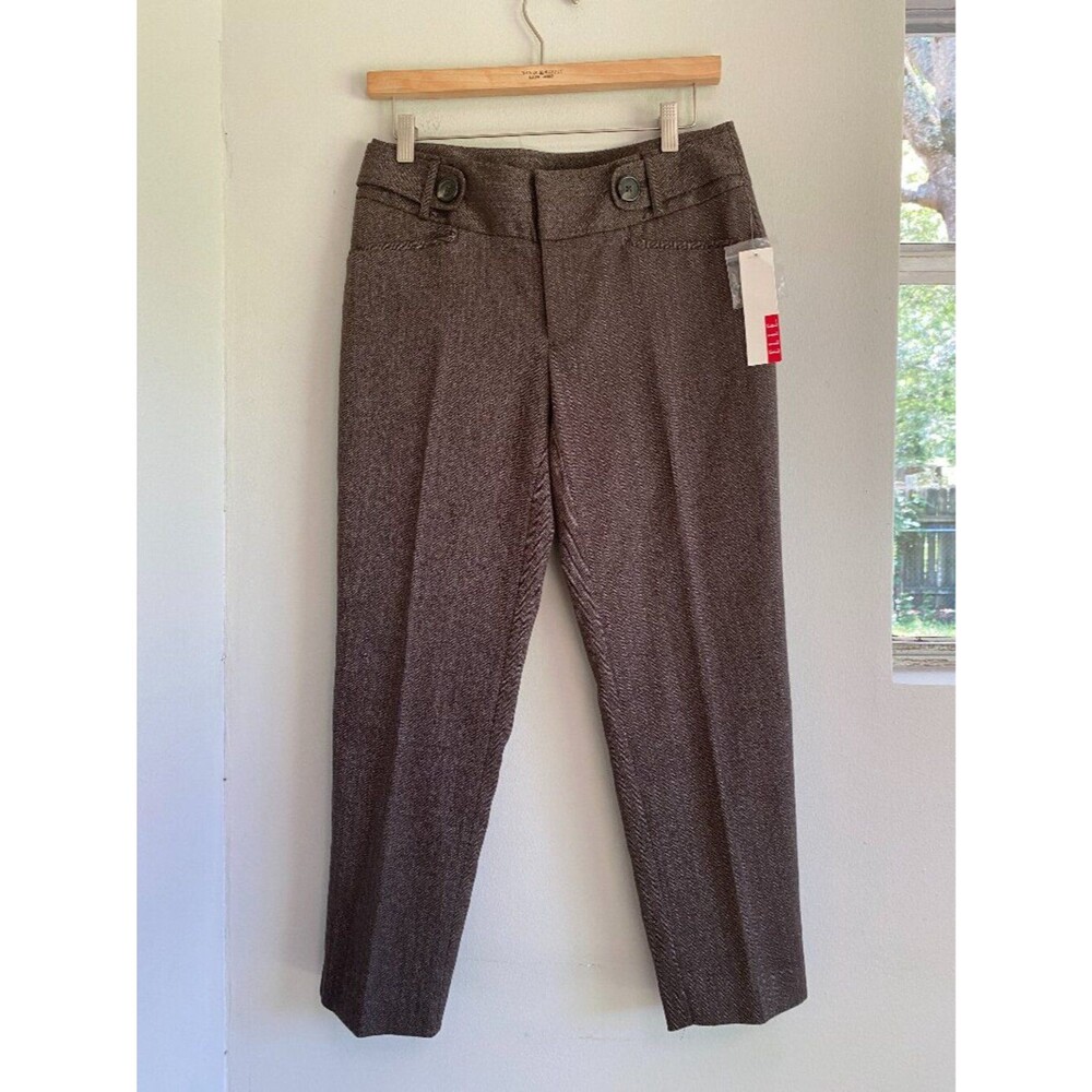 NWT Elle Designer Herringbone Brown Ankle Trousers Work Wear Size 4 Inseam 26"
